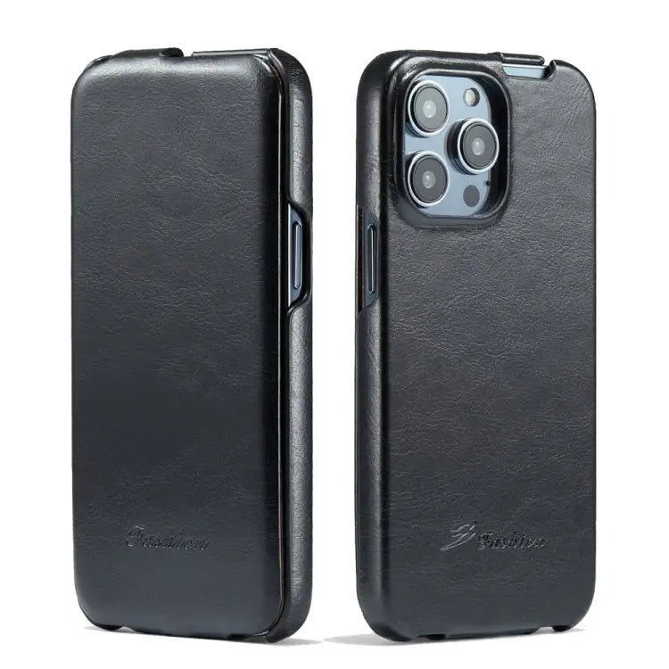 Fierre Shann Oil Wax Texture Vertical Flip PU Phone Case For iPhone 15 Pro Max For iPhone 15 Pro For iPhone 15 Plus