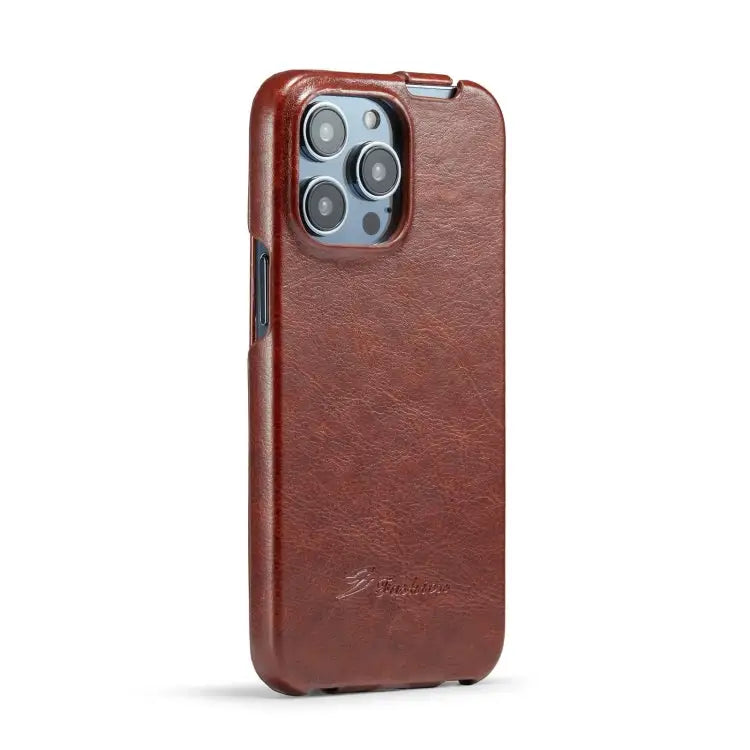 Fierre Shann Oil Wax Texture Vertical Flip PU Phone Case For iPhone 15 Pro Max For iPhone 15 Pro For iPhone 15 Plus