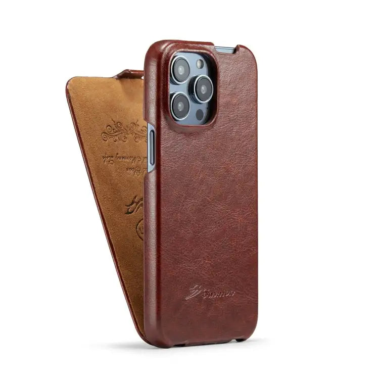 Fierre Shann Oil Wax Texture Vertical Flip PU Phone Case For iPhone 15 Pro Max For iPhone 15 Pro For iPhone 15 Plus