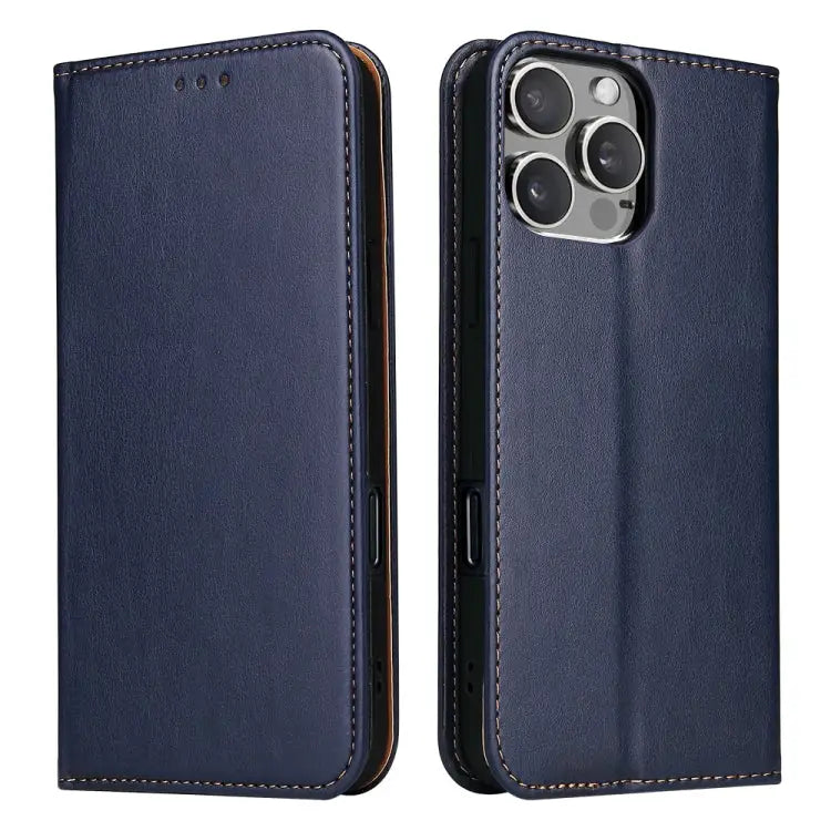 Fierre Shann PU Genuine Leather Texture Phone Case - For iPhone 16 Pro Max / Blue - Apple Accessories