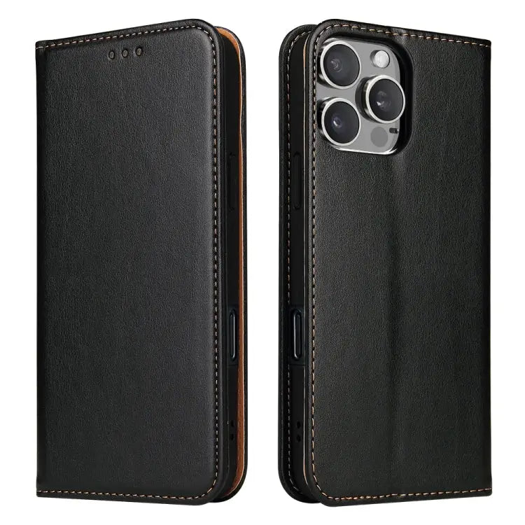 Fierre Shann PU Genuine Leather Texture Phone Case - For iPhone 16 Pro Max / Black - Apple Accessories