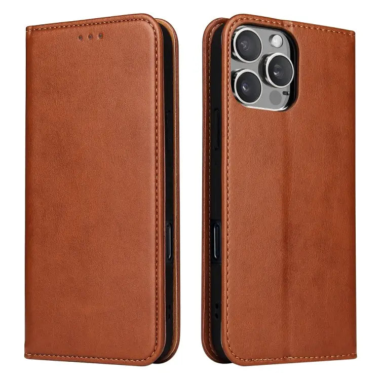 Fierre Shann PU Genuine Leather Texture Phone Case - For iPhone 16 Pro Max / Brown - Apple Accessories
