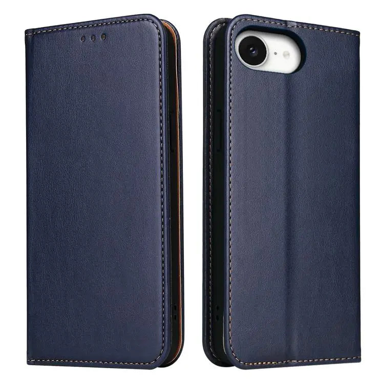 Fierre Shann PU Genuine Leather Texture Phone Case - For iPhone 16e / Blue - Apple Accessories