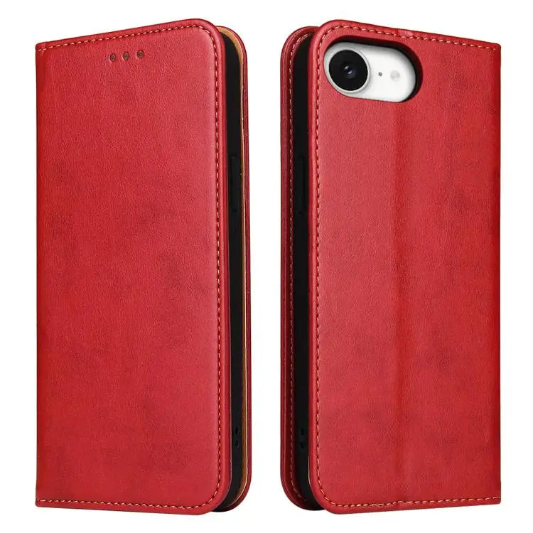 Fierre Shann PU Genuine Leather Texture Phone Case - For iPhone 16e / Red - Apple Accessories