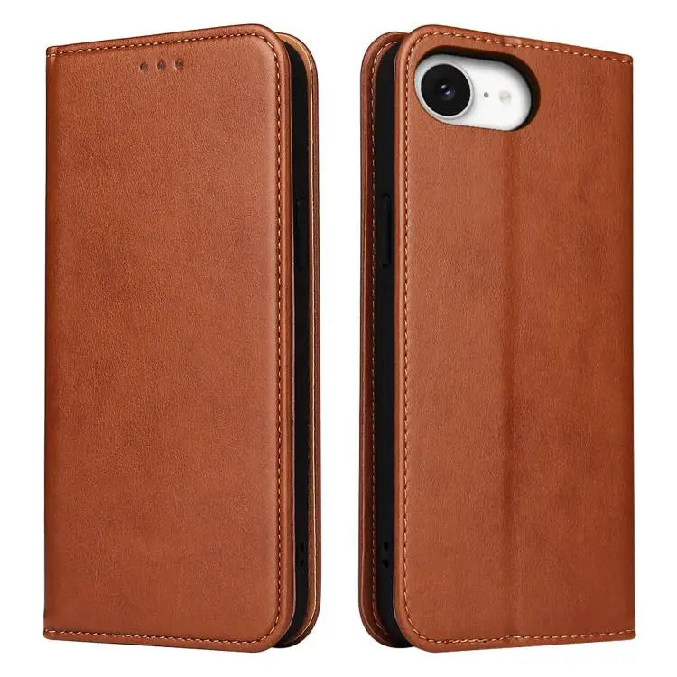 Fierre Shann PU Genuine Leather Texture Phone Case - For iPhone 16e / Brown - Apple Accessories