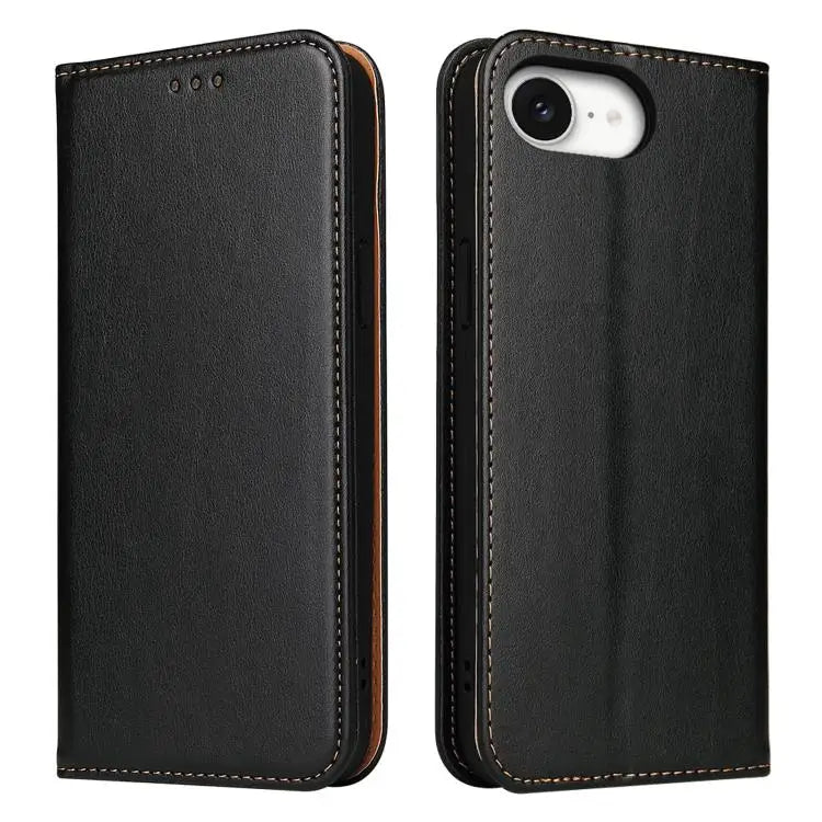 Fierre Shann PU Genuine Leather Texture Phone Case - For iPhone 16e / Black - Apple Accessories