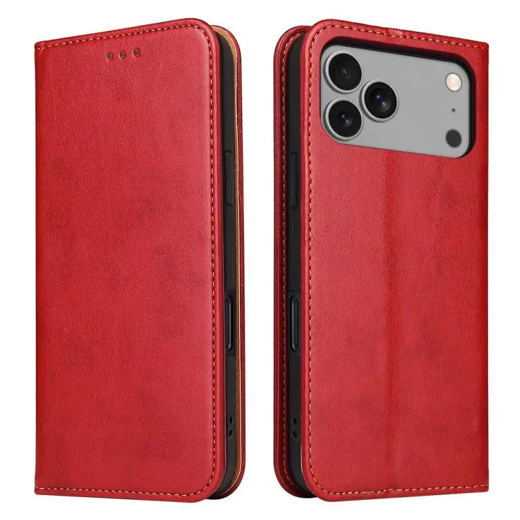 Fierre Shann PU Genuine Leather Texture Phone Case - For iPhone 17 Pro Max / Red - Apple Accessories