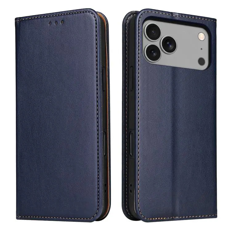 Fierre Shann PU Genuine Leather Texture Phone Case - For iPhone 17 Pro Max / Blue - Apple Accessories