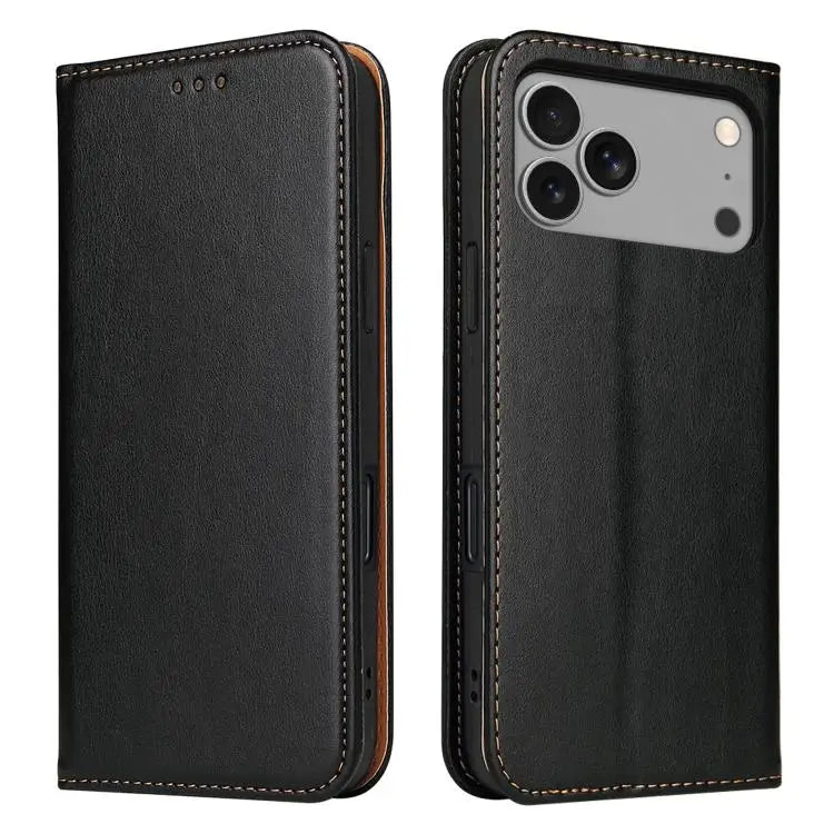 Fierre Shann PU Genuine Leather Texture Phone Case - For iPhone 17 Pro / Black - Apple Accessories