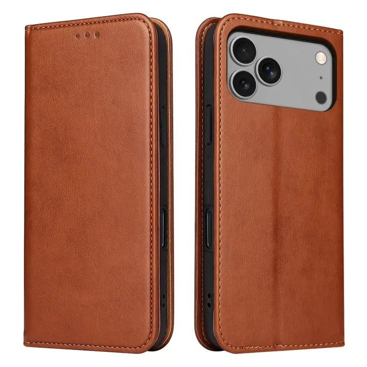 Fierre Shann PU Genuine Leather Texture Phone Case - For iPhone 17 Pro Max / Brown - Apple Accessories