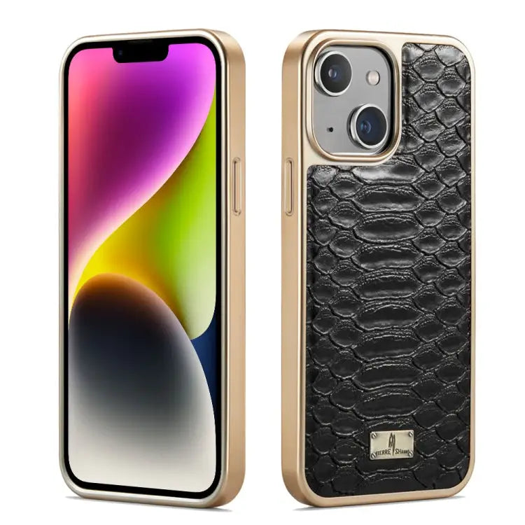 Fierre Shann Python Texture Electroplating PU Phone Case - For iPhone 14 / Black - Apple Accessories
