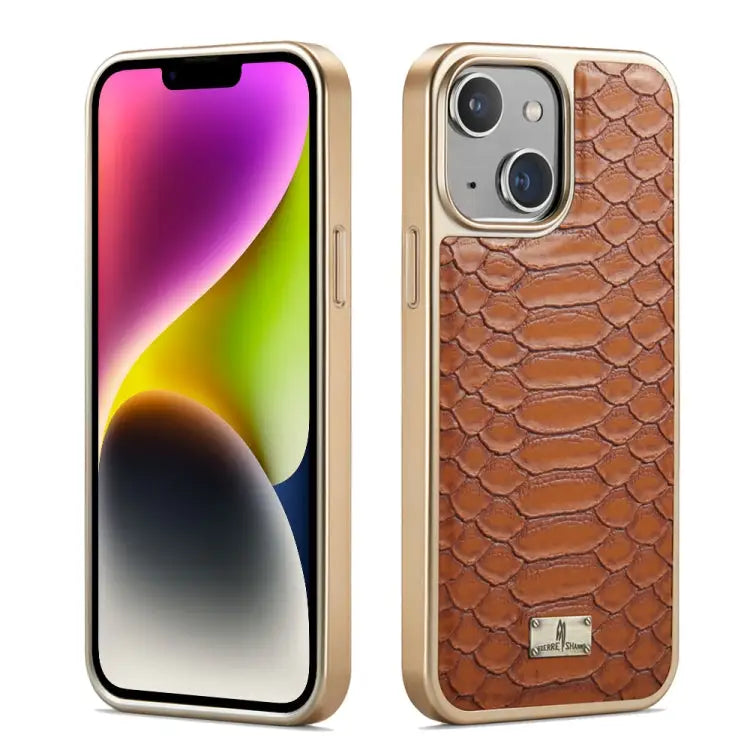 Fierre Shann Python Texture Electroplating PU Phone Case - For iPhone 14 Plus / Brown - Apple Accessories