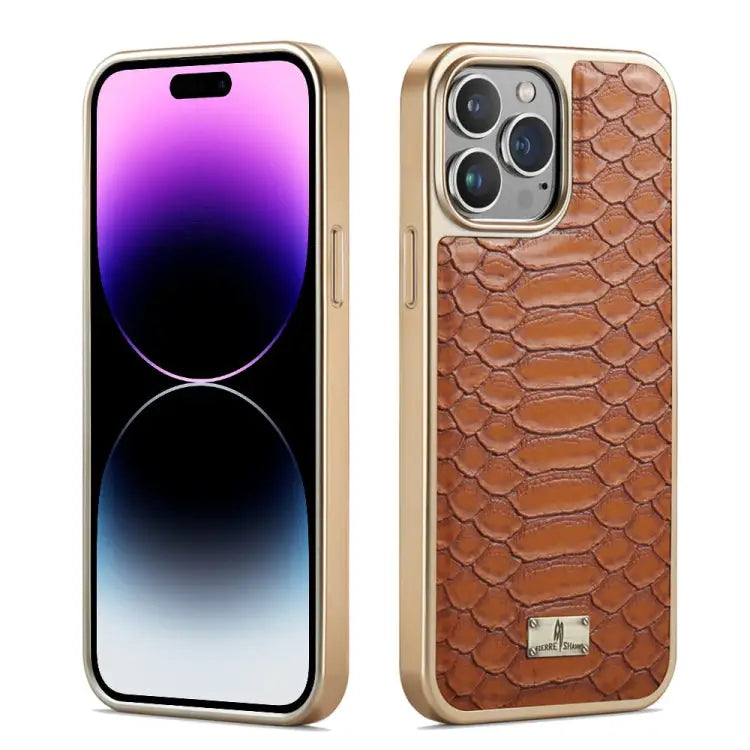 Fierre Shann Python Texture Electroplating PU Phone Case - For iPhone 14 Pro / Brown - Apple Accessories