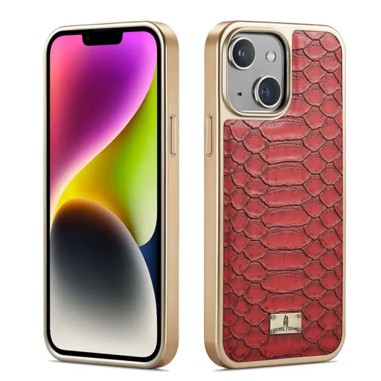 Fierre Shann Python Texture Electroplating PU Phone Case - For iPhone 14 / Red - Apple Accessories