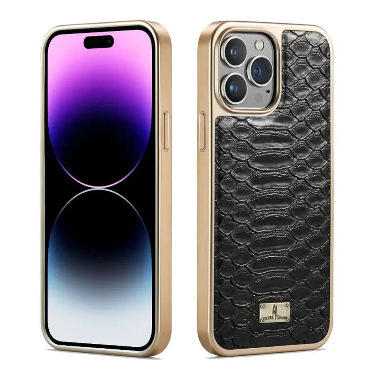 Fierre Shann Python Texture Electroplating PU Phone Case - For iPhone 14 Pro Max / Black - Apple Accessories