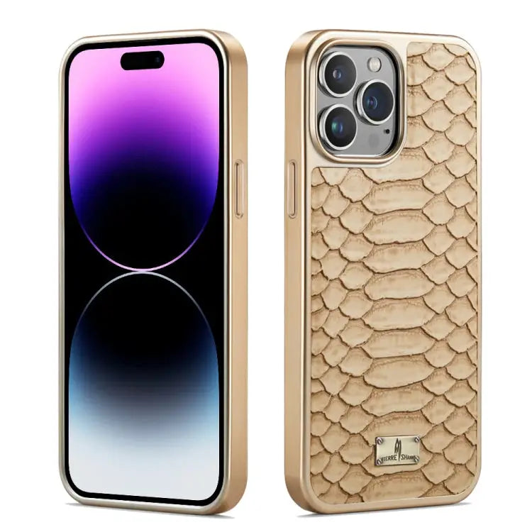 Fierre Shann Python Texture Electroplating PU Phone Case - For iPhone 14 Pro / White - Apple Accessories