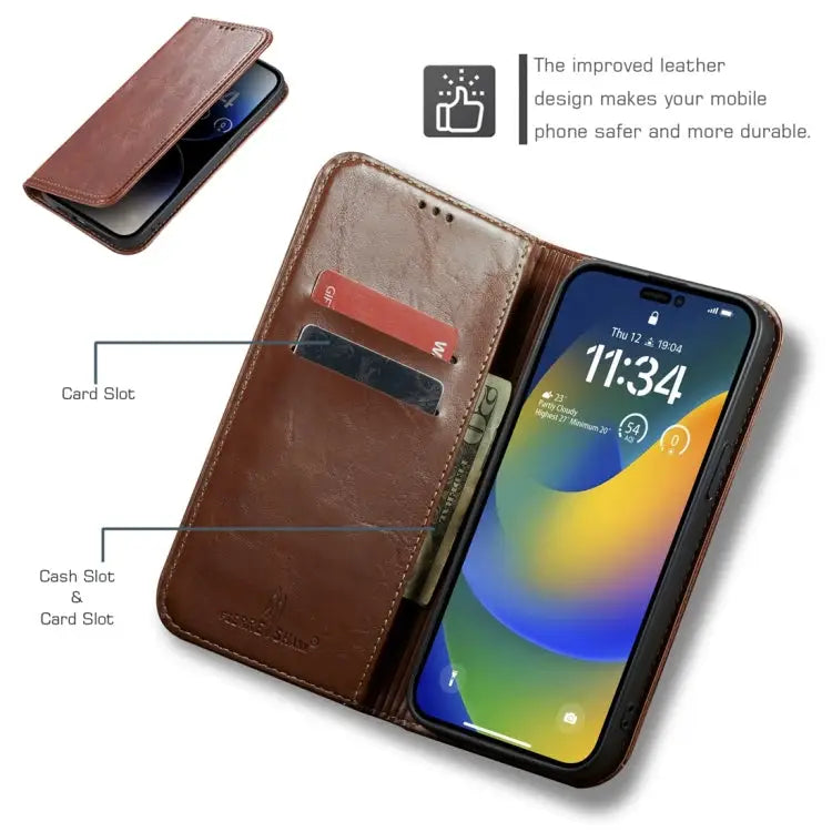 Fierre Shann Vintage Bark Texture Wallet Leather Phone Case For iPhone 15 Pro Max For iPhone 15 Pro For iPhone 15 Plus