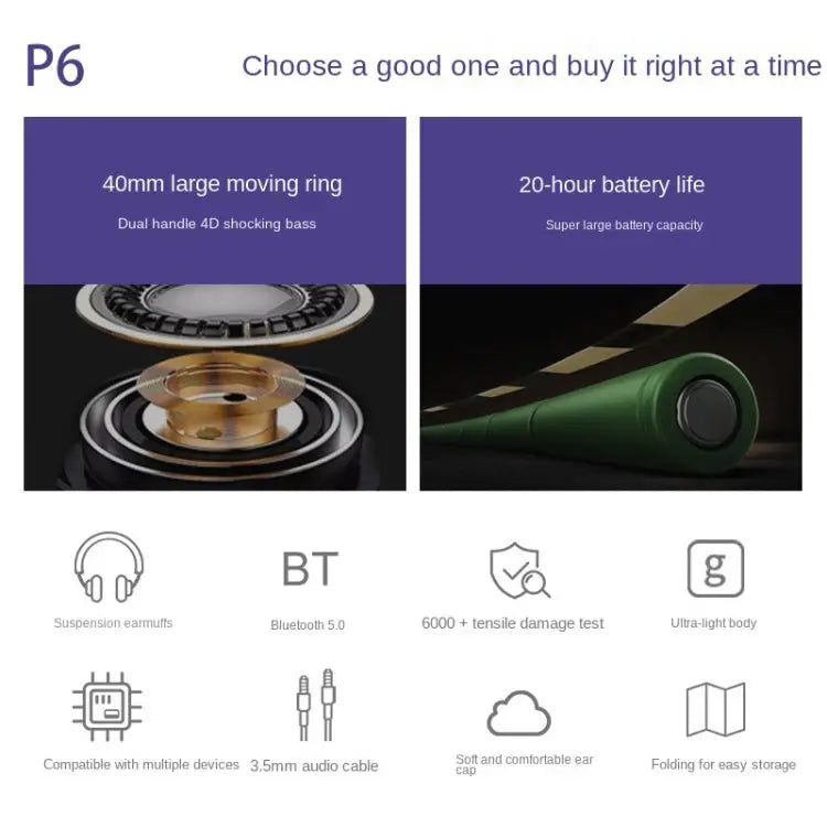 Fingertime P6 Bluetooth 5.1 Wireless Stereo Headset with Microphone - Apple Accessories
