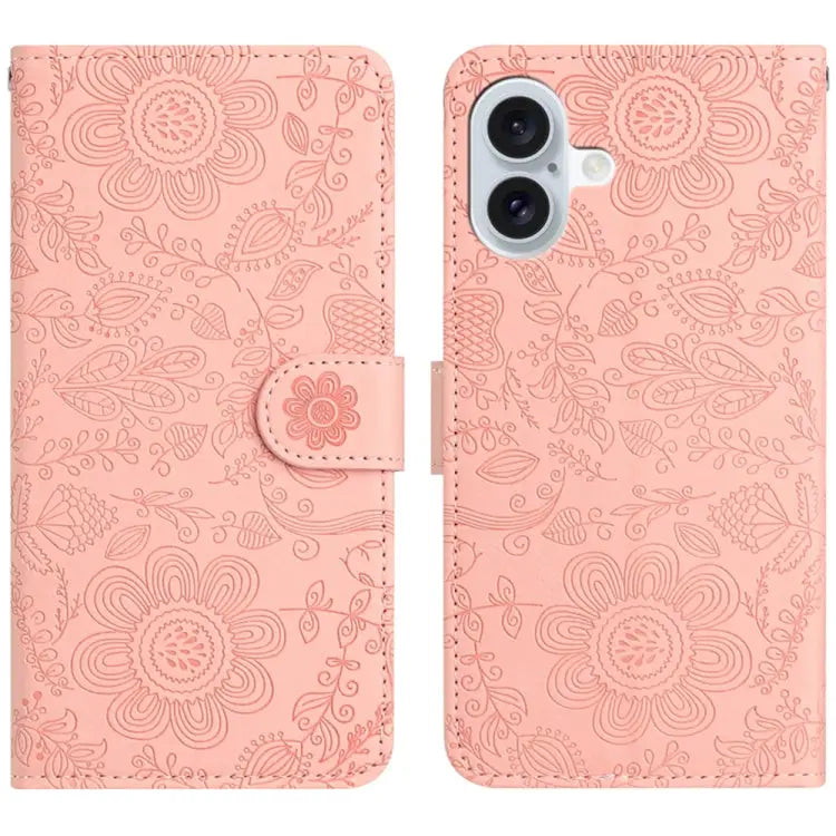 Floral Embossed Pattern Leather Phone Case For iPhone 16e For iPhone 16 Pro Max For iPhone 16 Pro For iPhone 16 Plus
