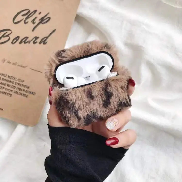 For Apple AirPods Pro Plush Bluetooth Headphone Protective Case - Dark Brown Leopard - Apple Accessories