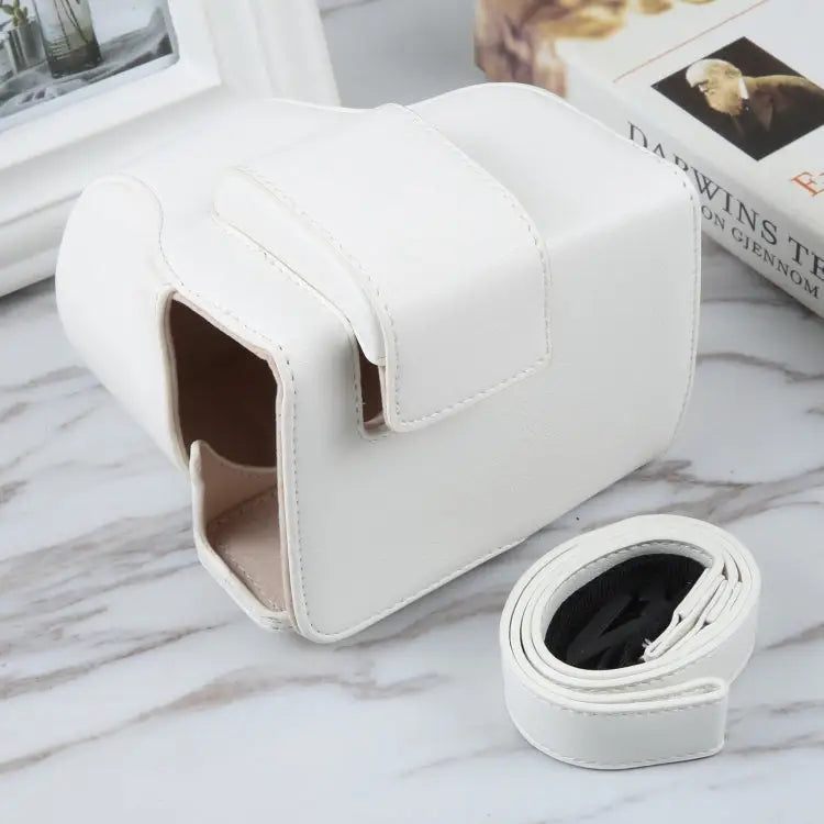 For Canon EOS R10 Camera Full Body Magnetic Leather Camera Case Bag with Strap - For Canon EOS R10 / White