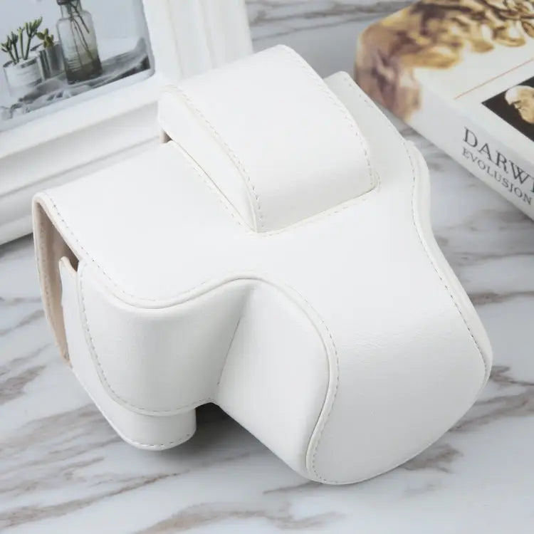 For Canon EOS R10 Camera Full Body Magnetic Leather Camera Case Bag with Strap - For Canon EOS R10 / White