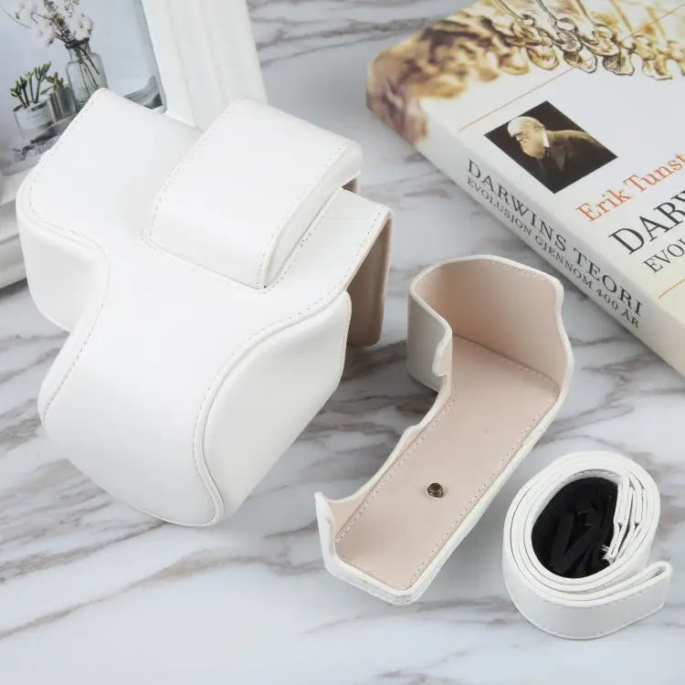For Canon EOS R10 Camera Full Body Magnetic Leather Camera Case Bag with Strap - For Canon EOS R10 / White