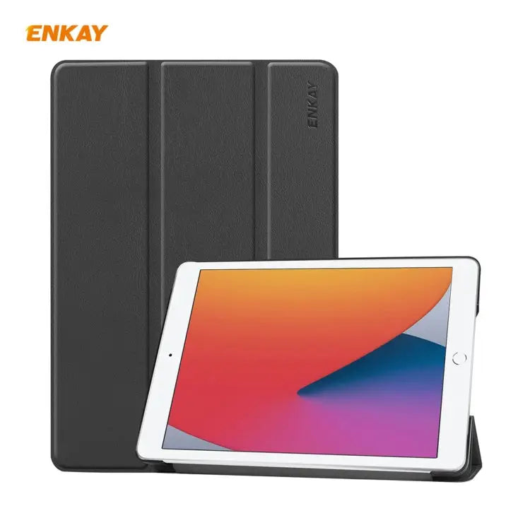 For iPad 10.2 2020 / 2019 ENKAY ENK-8014 PU Leather + Plastic Smart Case with Three-folding Holder - Black - Apple