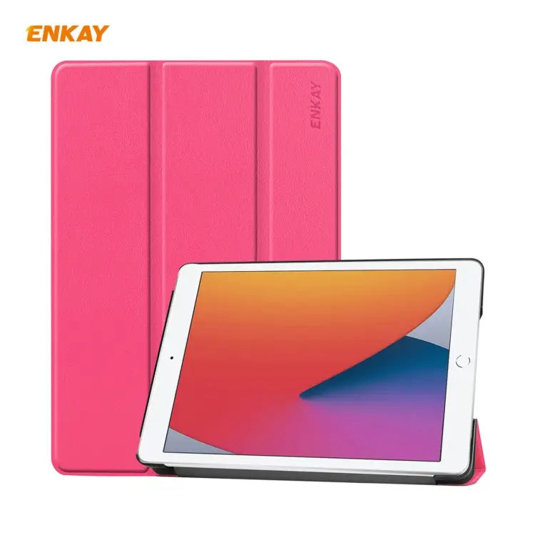 For iPad 10.2 2020 / 2019 ENKAY ENK-8014 PU Leather + Plastic Smart Case with Three-folding Holder - Rose Red - Apple