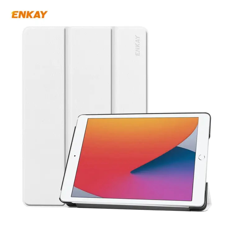 For iPad 10.2 2020 / 2019 ENKAY ENK-8014 PU Leather + Plastic Smart Case with Three-folding Holder - White - Apple