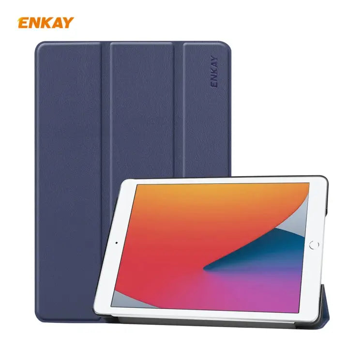 For iPad 10.2 2020 / 2019 ENKAY ENK-8014 PU Leather + Plastic Smart Case with Three-folding Holder - Dark Blue - Apple