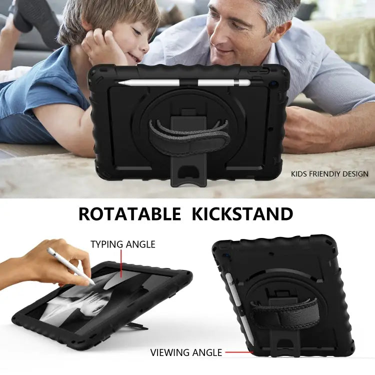 For iPad 10.2 360 Degree Rotating Case with Pencil Holder Kickstand Shockproof Heavy Duty with Shoulder Strap,Hand