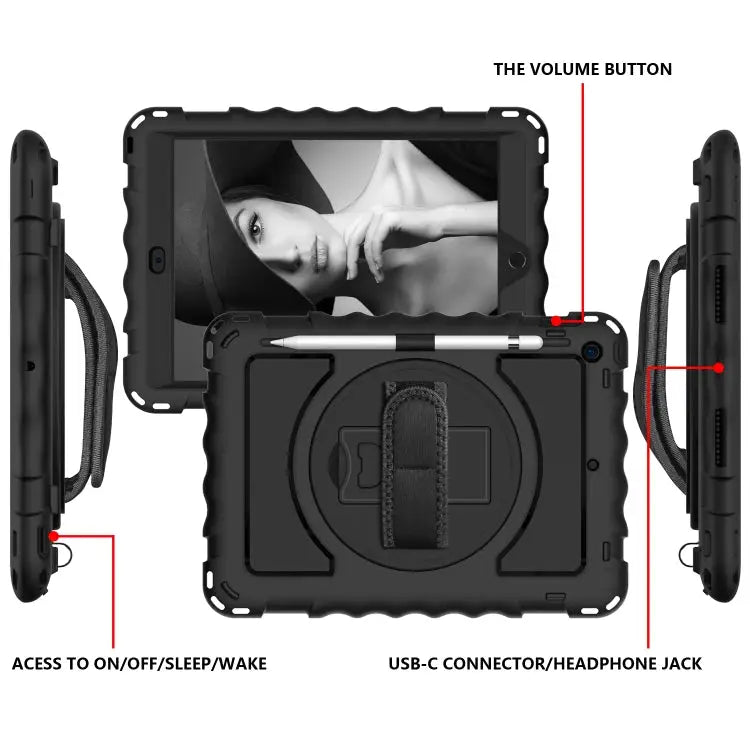 For iPad 10.2 360 Degree Rotating Case with Pencil Holder Kickstand Shockproof Heavy Duty with Shoulder Strap,Hand