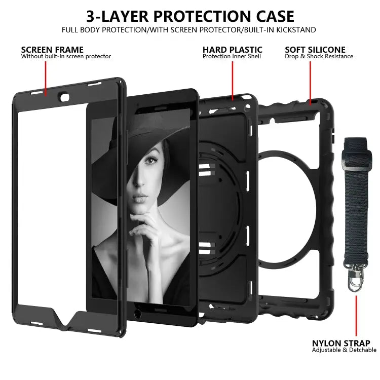 For iPad 10.2 360 Degree Rotating Case with Pencil Holder Kickstand Shockproof Heavy Duty with Shoulder Strap,Hand
