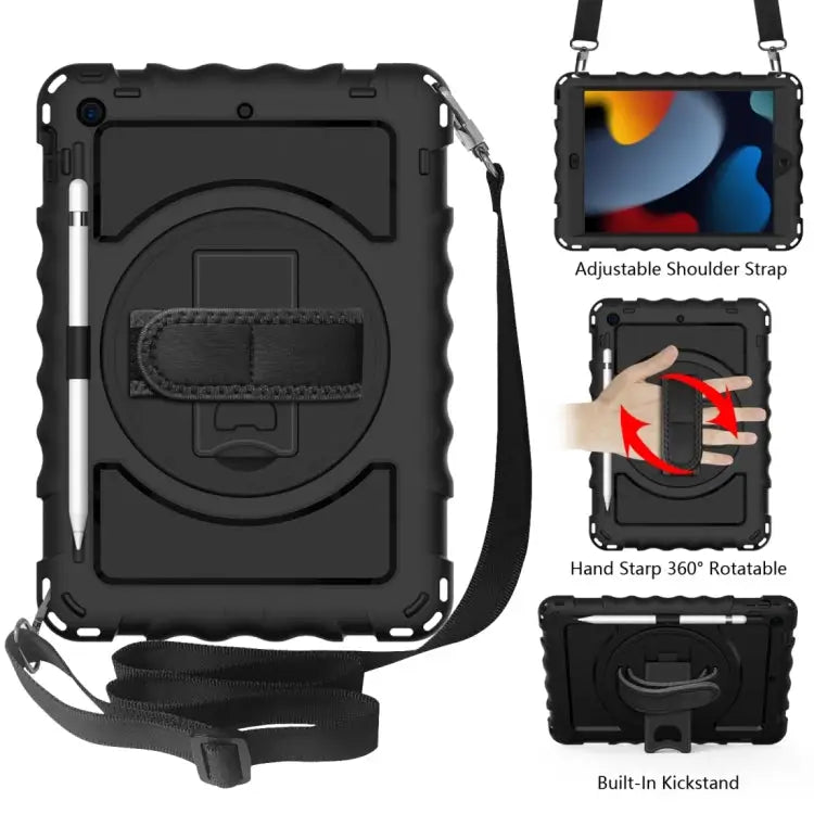 For iPad 10.2 360 Degree Rotating Case with Pencil Holder Kickstand Shockproof Heavy Duty with Shoulder Strap,Hand