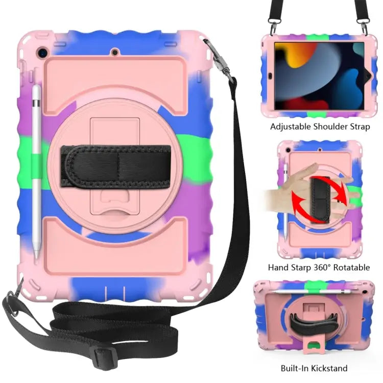 For iPad 10.2 360 Degree Rotating Case with Pencil Holder Kickstand Shockproof Heavy Duty with Shoulder Strap,Hand