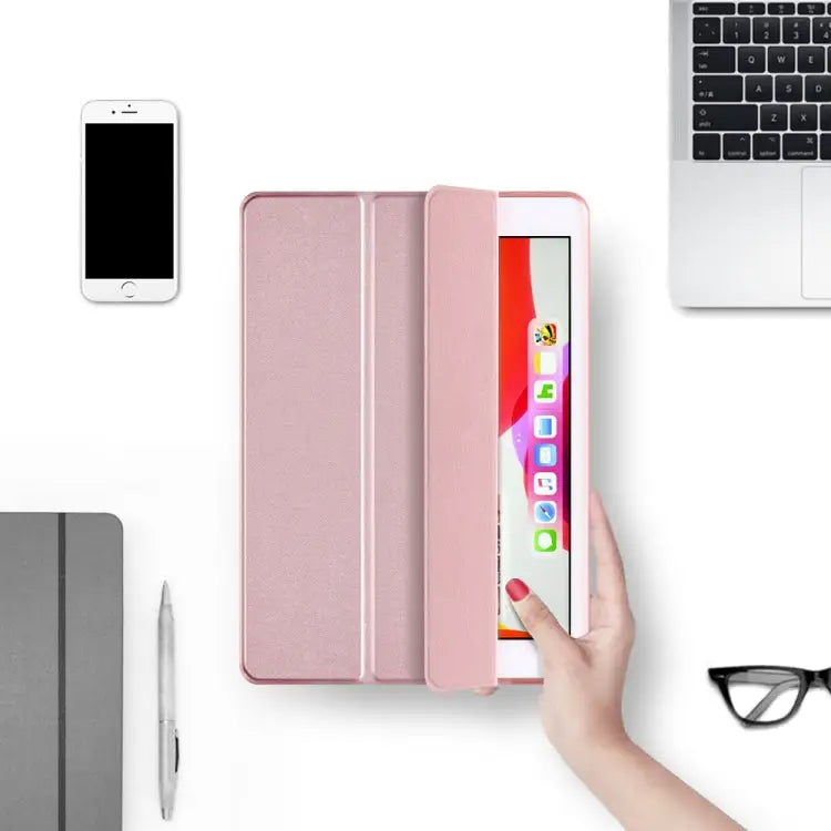 For iPad 10.2 inch 2019 / iPad Pro 10.5 inch Three-folding Surface PU Leather TPU Matte Soft Bottom Case with Holder &