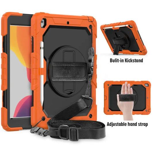 For iPad 10.2 Shockproof Colorful Silica Gel + PC Protective Case with Holder & Shoulder Strap & Hand Strap & Pen Slot