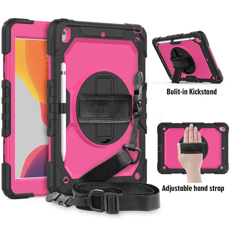 For iPad 10.2 Shockproof Colorful Silica Gel + PC Protective Case with Holder & Shoulder Strap & Hand Strap & Pen Slot
