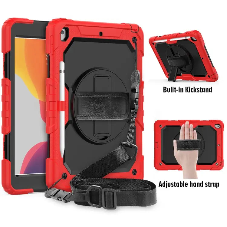 For iPad 10.2 Shockproof Colorful Silica Gel + PC Protective Case with Holder & Shoulder Strap & Hand Strap & Pen Slot
