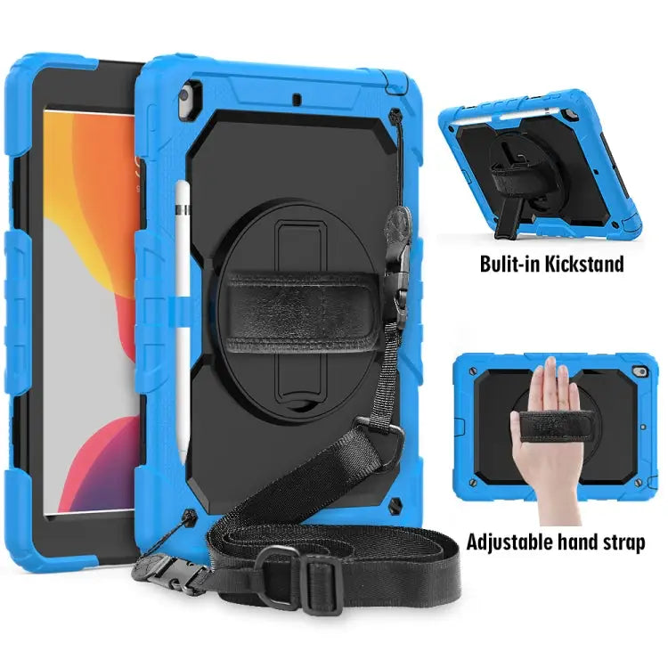For iPad 10.2 Shockproof Colorful Silica Gel + PC Protective Case with Holder & Shoulder Strap & Hand Strap & Pen Slot