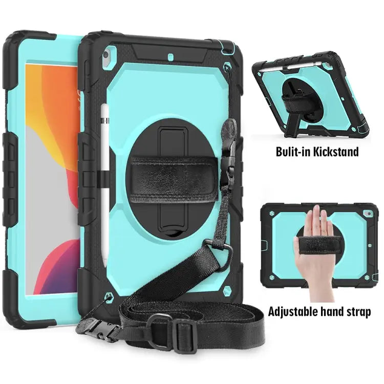 For iPad 10.2 Shockproof Colorful Silica Gel + PC Protective Case with Holder & Shoulder Strap & Hand Strap & Pen Slot