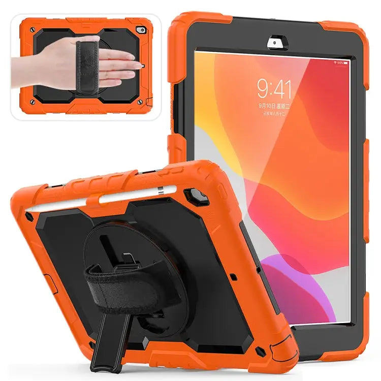 For iPad 10.2 Shockproof Colorful Silica Gel + PC Protective Case with Holder & Shoulder Strap & Hand Strap & Pen Slot