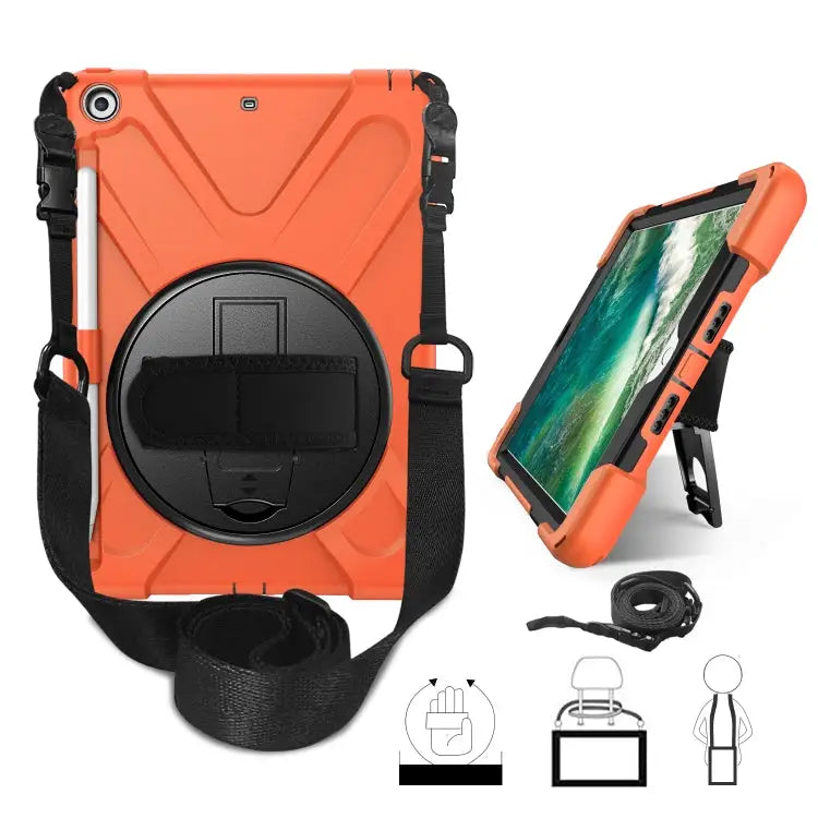 For iPad 9.7 (2018) & (2017) 360 Degree Rotation Silicone Protective Cover with Holder & Hand Strap & Long Strap &