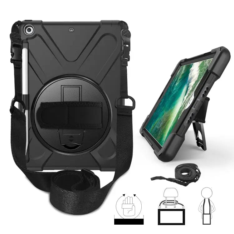 For iPad 9.7 (2018) & (2017) 360 Degree Rotation Silicone Protective Cover with Holder & Hand Strap & Long Strap &