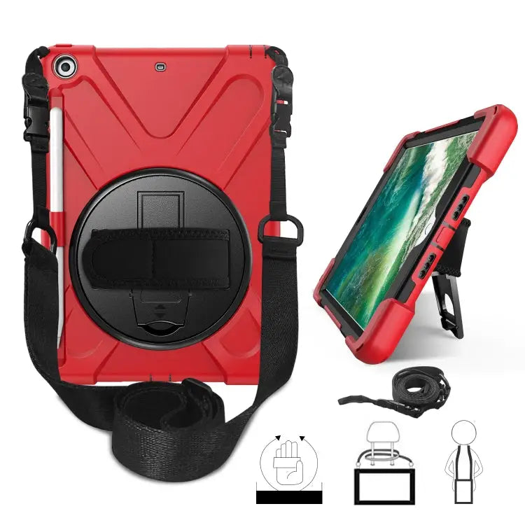 For iPad 9.7 (2018) & (2017) 360 Degree Rotation Silicone Protective Cover with Holder & Hand Strap & Long Strap &