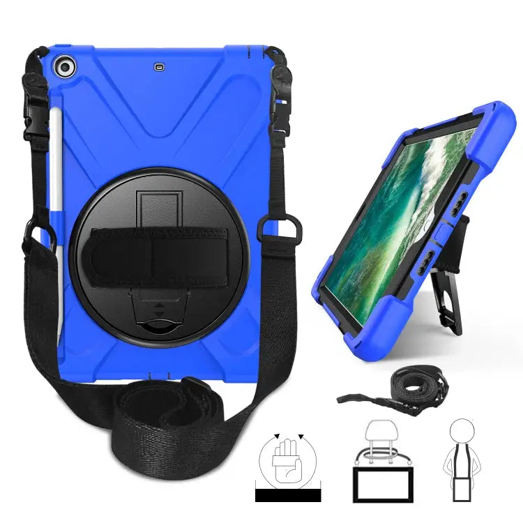 For iPad 9.7 (2018) & (2017) 360 Degree Rotation Silicone Protective Cover with Holder & Hand Strap & Long Strap &