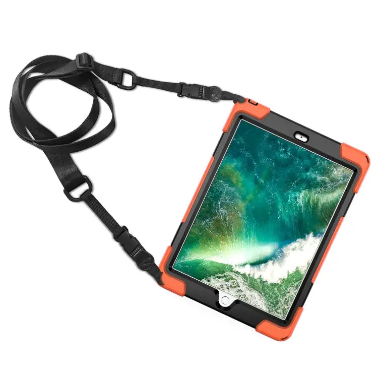 For iPad 9.7 (2018) & (2017) 360 Degree Rotation Silicone Protective Cover with Holder & Hand Strap & Long Strap &
