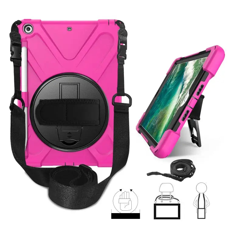 For iPad 9.7 (2018) & (2017) 360 Degree Rotation Silicone Protective Cover with Holder & Hand Strap & Long Strap &