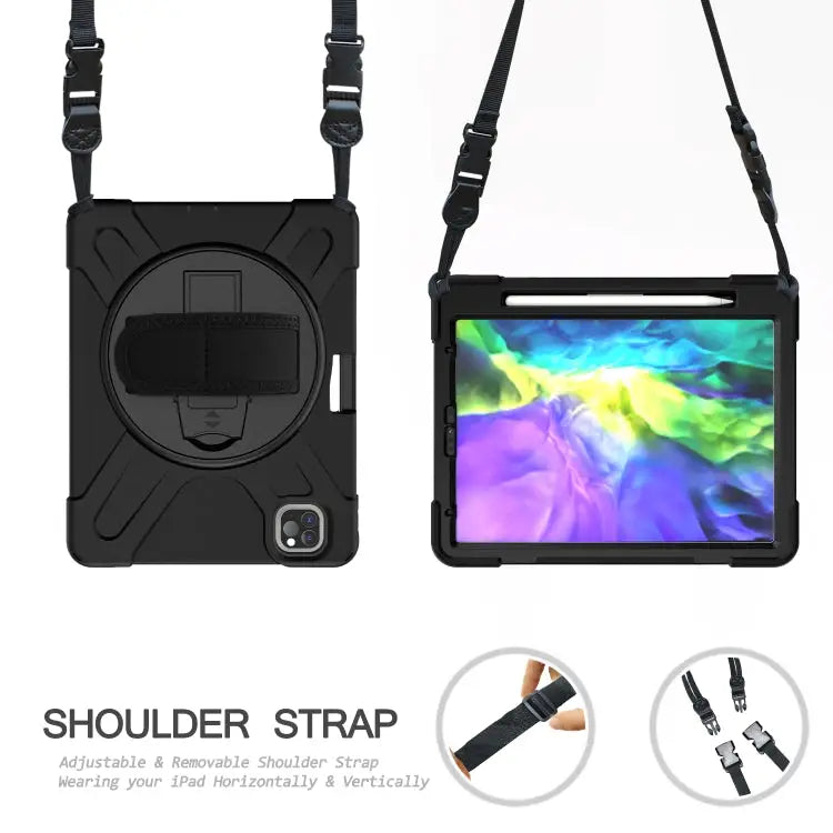 For iPad Pro 12.9 (2020) 360 Degree Rotation Silicone Protective Cover with Holder & Hand Strap & Long Strap & Pencil
